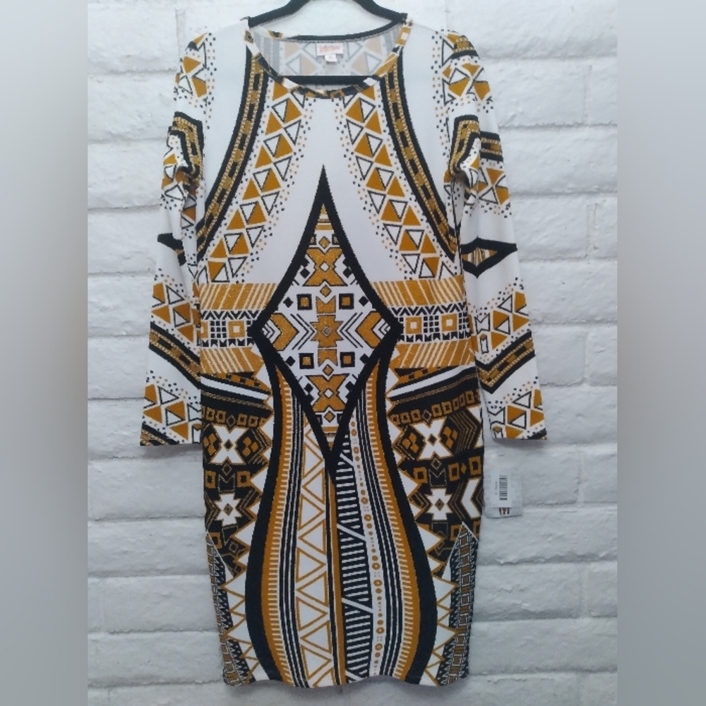 LuLaRoe Gold Label Debbie Geometric Print Dress  Black, White, Brown & Gold - Picture 2 of 11